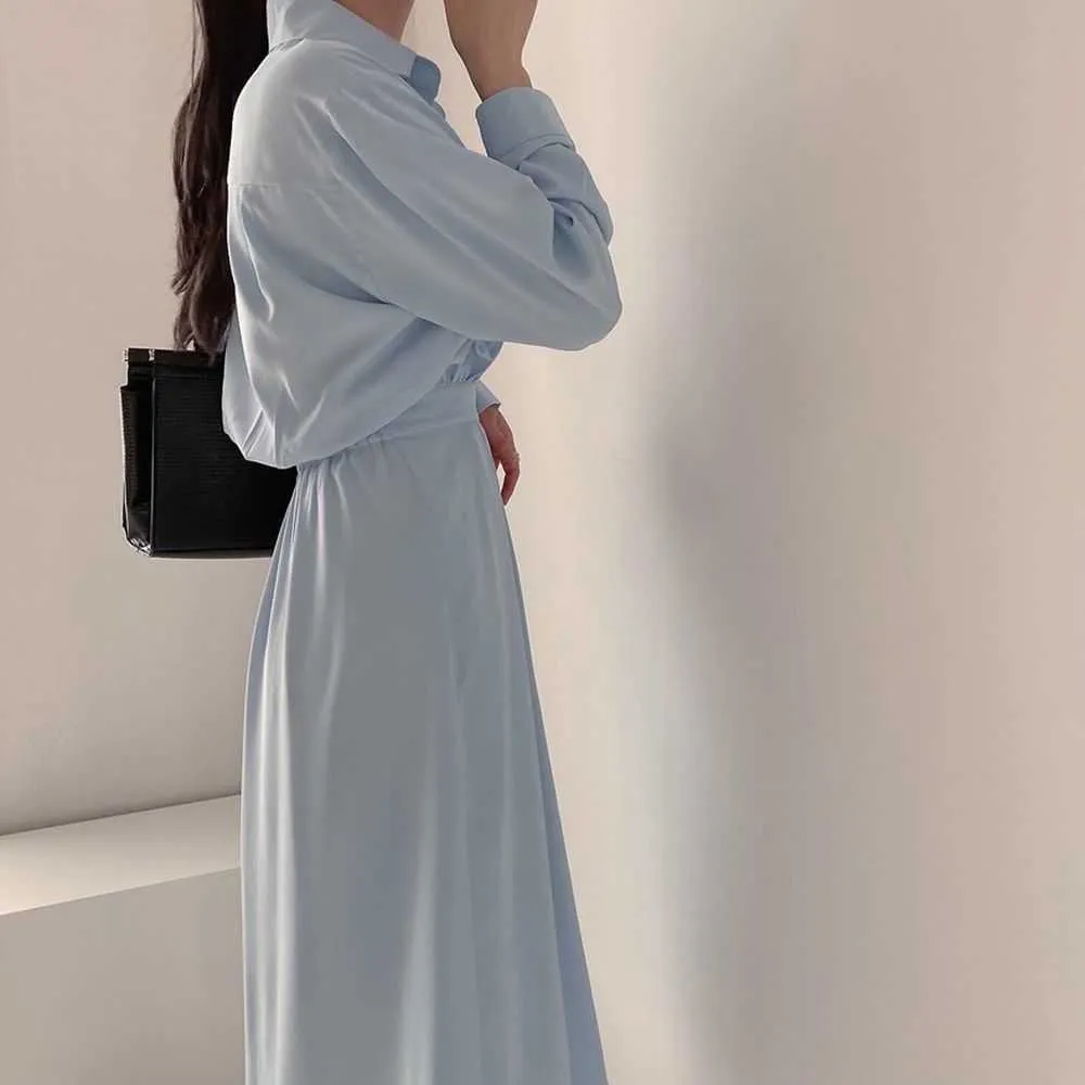 Chic One Button Shirt Dress Woman Clothes High Waist White Vestidos Slim Long-sleeve Blue Dresses Female Spring Clothing 210603