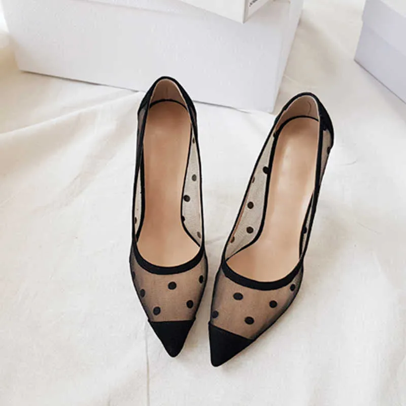 Summer New Lace Mesh Yarn Polka Dot Breathable High Heel Slender Heel Shallow Mouth Pointed Single Shoes 6cm Heel Size 33-42 Y0611