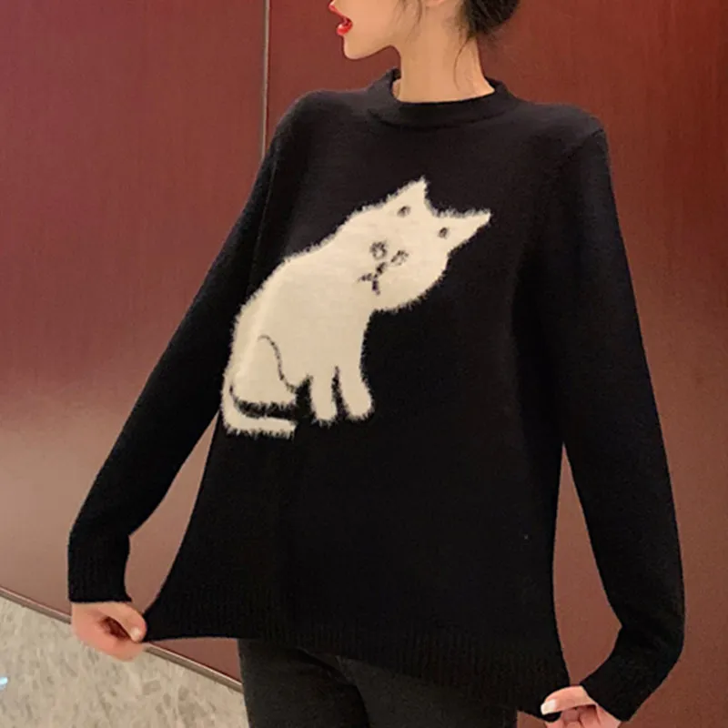Корейский японский стиль Свободные свитер черный белый кот лоскутное цветное блок с длинным рукавом милые пуловерные вершины джемпер T00401A 210421