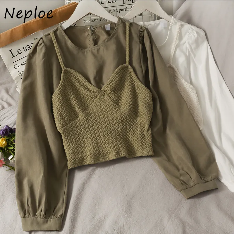 Neploe Fashion Two Piece Patchwork Camis Blouse Women O Neck Pullover Long Sleeve Solid Blusas Work Style Ol Spring Shirt 210423