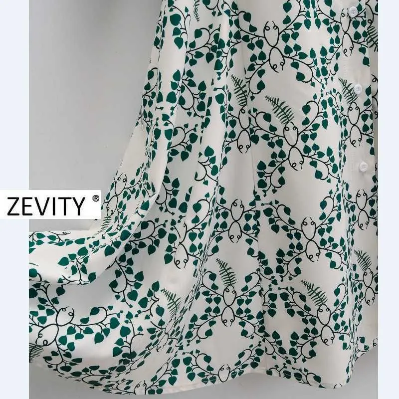 Zevity女性ヴィンテージoネック長袖緑の葉プリントシャツのドレスオフィスの女性抽選vestidoシックなMidiドレスDS4205 210603