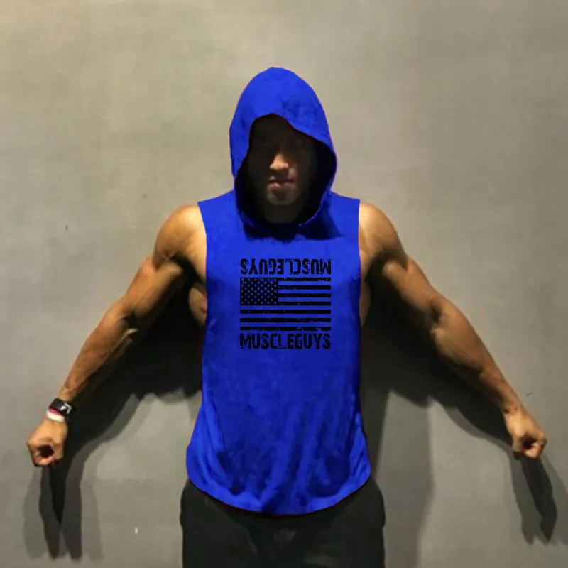 Muscleguys American Flag Print Bodybuilding Ärmlös Hoodies Män Sport Fitness Hooded Tank Top Men Gymkläder Hoody 210421