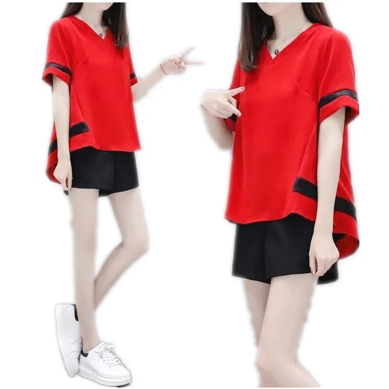 Sommar New Fashion Plus Storlek Kvinnor Shorts Kortärmad T-shirt Två Piece Set Korean Loose Casual Sports Suit Women's Tracksuit X0428