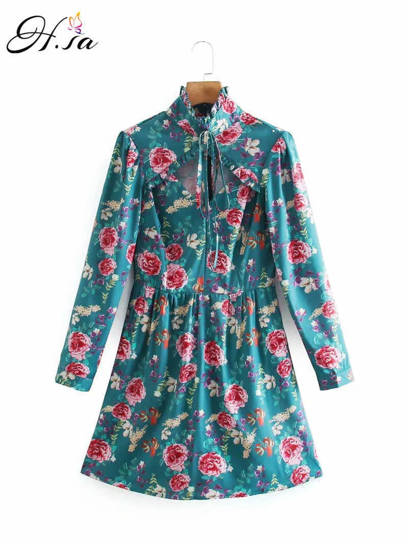 H.SA Women's Clothes Floral Print Vintage Dress Front Button Chiffon Shirt Dress Simple Daily Vestidos Female Dress 210716