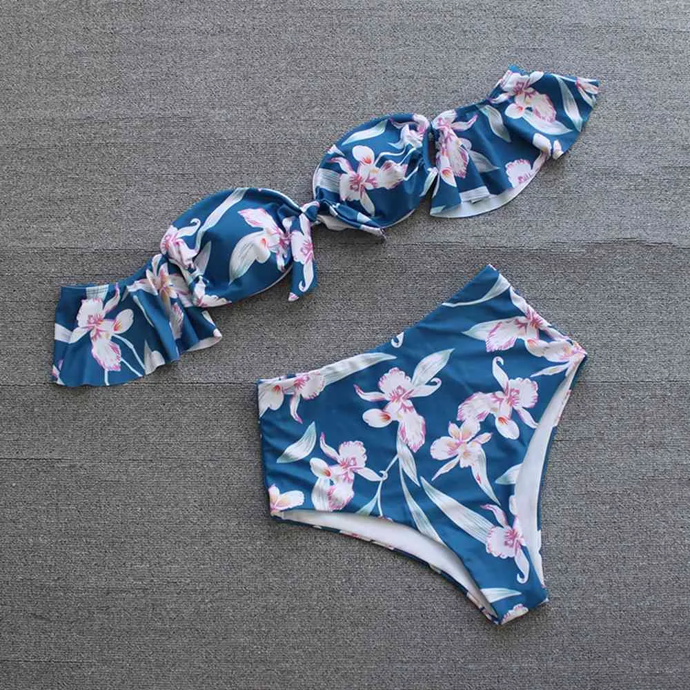 Bikini sexy con spalle scoperte Bikini donna taglie forti Costumi da bagno a vita alta Costumi da bagno stampati floreali Costumi da spiaggia estivi 210521