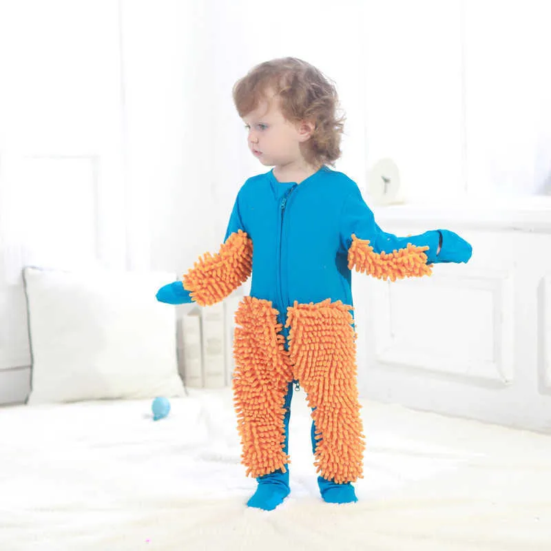 Toddler Boy Cleaning Suit Baby Girl Romper Outfit Enfants Mop Infant Crawls Vêtements Jumpsuit 210615