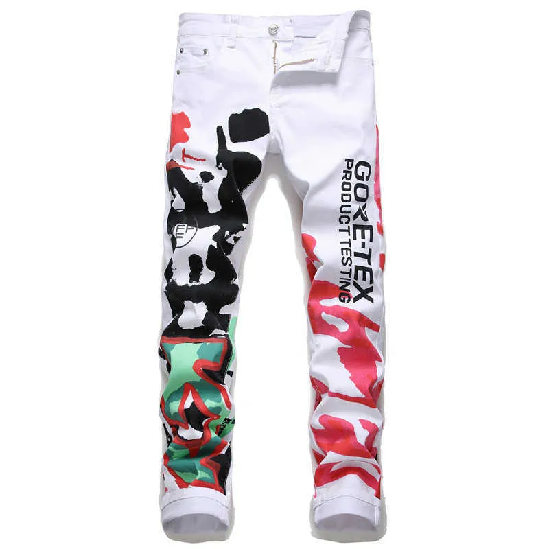 2021 Fashion New Men's Male Letters Flame Printed Jeans Slim Straight Skull Graffiti Colored Painted Stretch Pants X0621272o