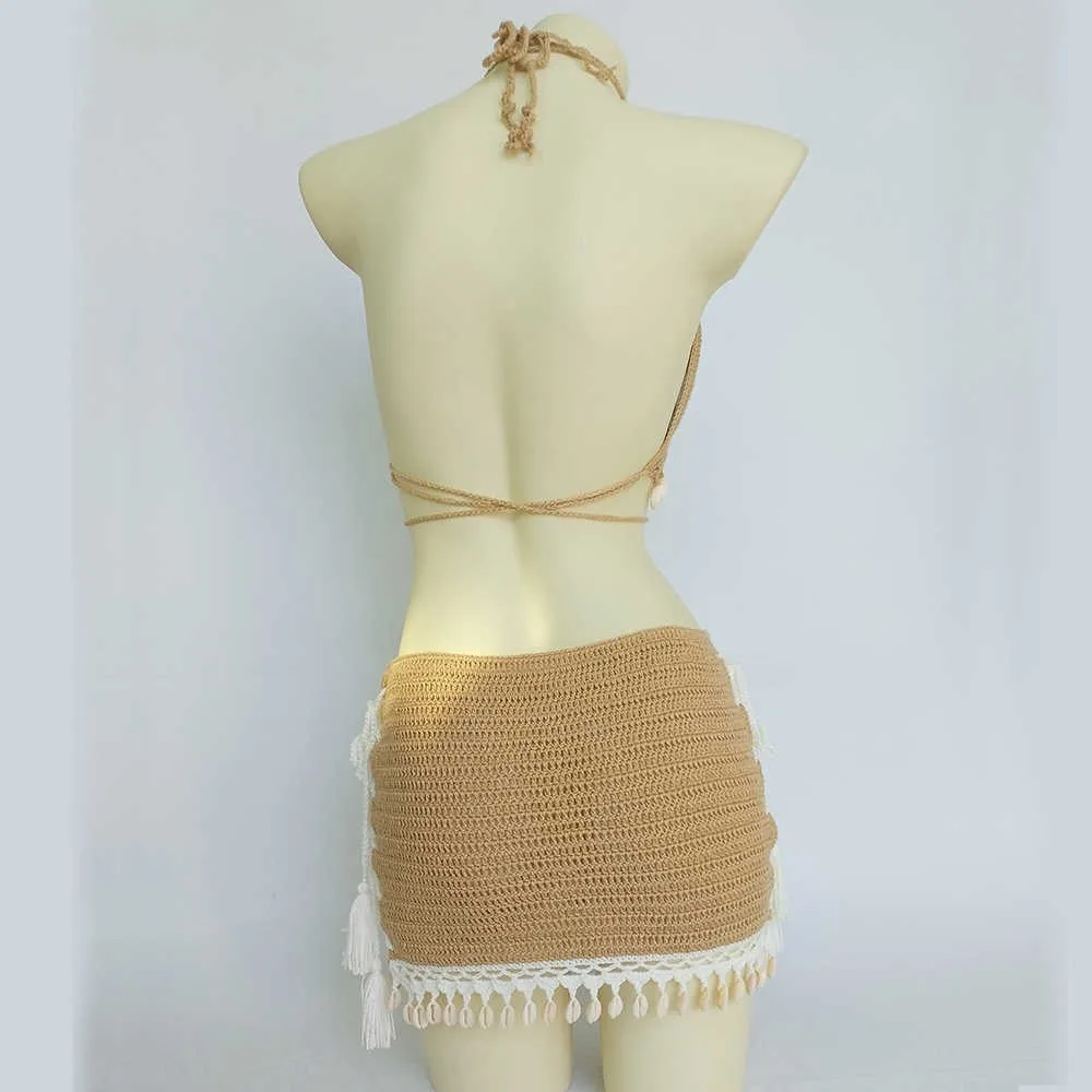 Bikini Set Woman Crochet Shell Tassel Top And Seashell Ankle Chain Sexy Beach Skirt Lace See Through Slim Mini 210722