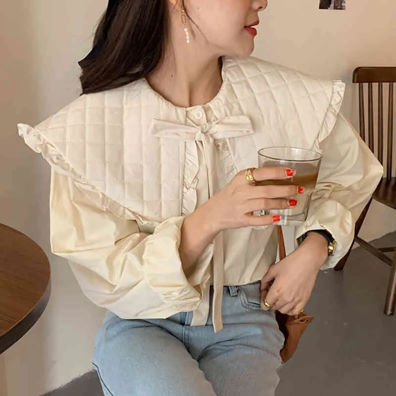 Nomikuma Vintage Ruffle Peter Pan Collar Bluzka Koszulka przyczynowa Koreańska muszka długi rękaw