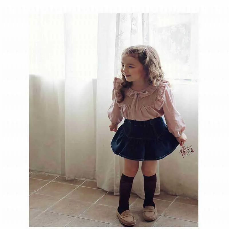 T-shirt ragazze coreane Autunno Inverno Ragazza Carino Pizzo Cotone manica lunga Abbigliamento bambini E20582 210610