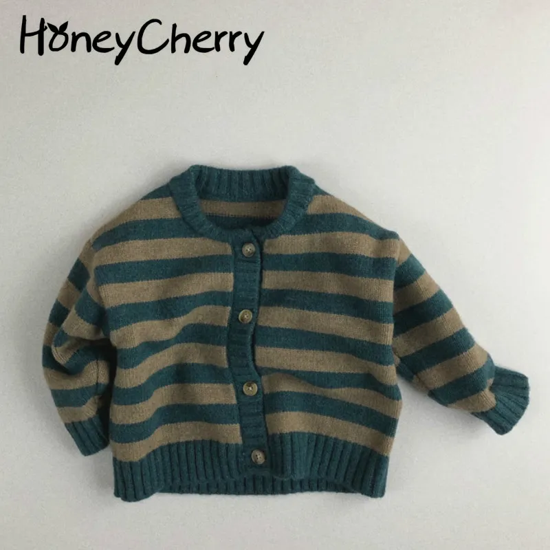 Осень и зимний малыш свитер детский пуловер однобортный синий круглый шею полосатый хлопок кардиган 210515