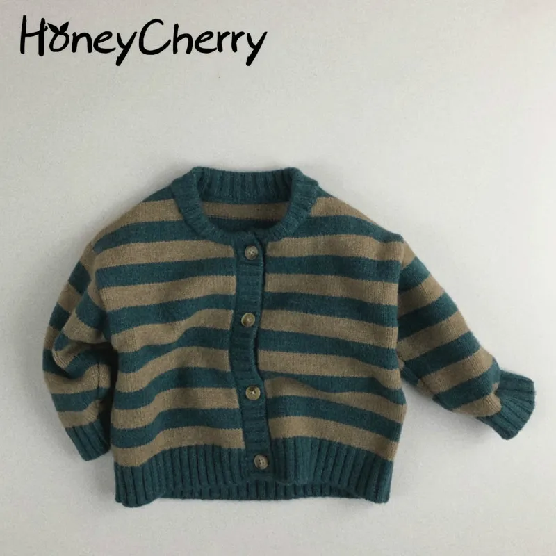 Jesień i zimowy Maluch Sweter Pulower dla dzieci Single-Blue Round Neck Striped Cotton Cardigan 210515