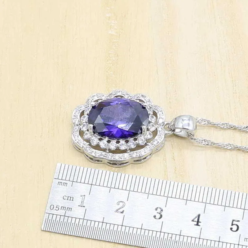 Ensemble de bijoux naturels de couleur violet argent pour femmes, Bracelet, boucles d'oreilles, collier, pendentif, bague, boîte-cadeau H1022