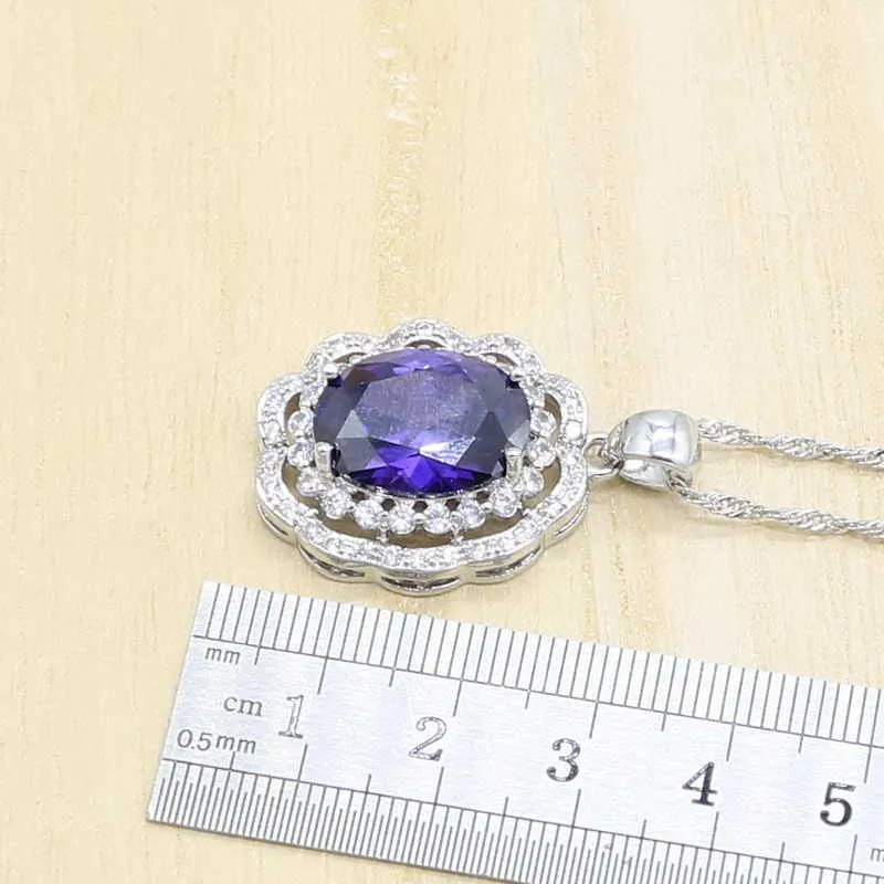 Purpurowy Silver Color Naturalny Biżuteria Zestaw Dla Kobiet Bransoletka Kolczyki Naszyjnik Wisiorek Pierścień Pudełko H1022