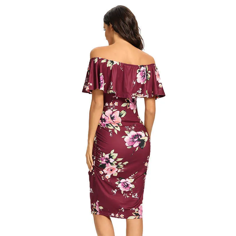 Vestido de maternidad con hombros descubiertos y volantes florales para mujer, ropa de embarazo sin mangas, vestido ajustado elegante para Baby Shower Y0924