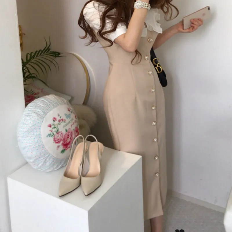 Gaganight Robe Femmes Mode Peter Pan Col Manches Bouffantes Simple Boutonnage Slim Long Robes Coréen Chic Robe Élégante Femme 210519