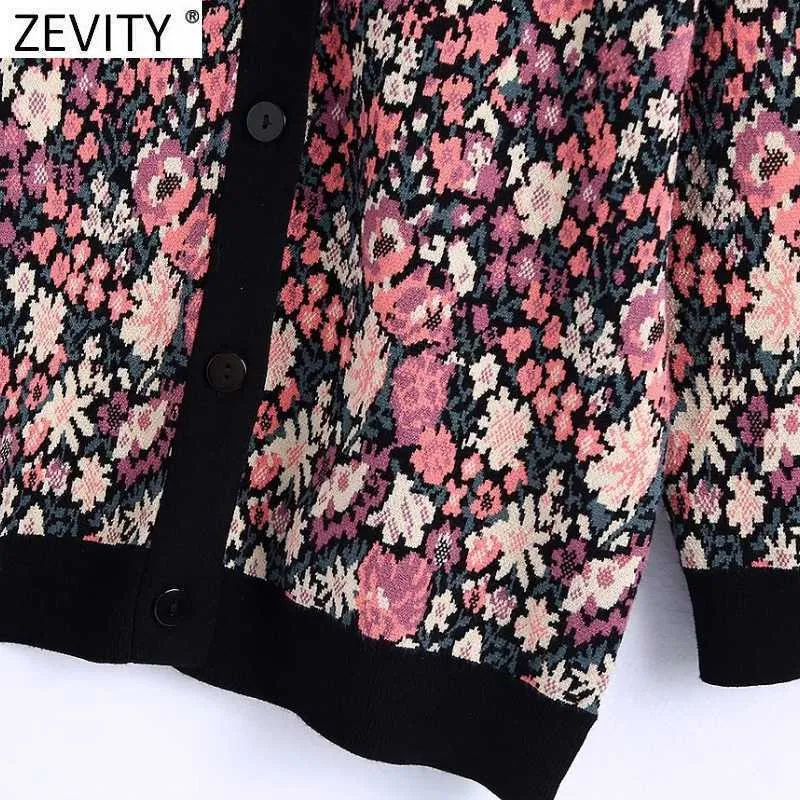 Zevity Frauen Vintage V-Ausschnitt Blumendruck Jacquard Strick Cardigans Pullover Weibliche Chic Single Breasted Casual Coating Tops SW899 210914