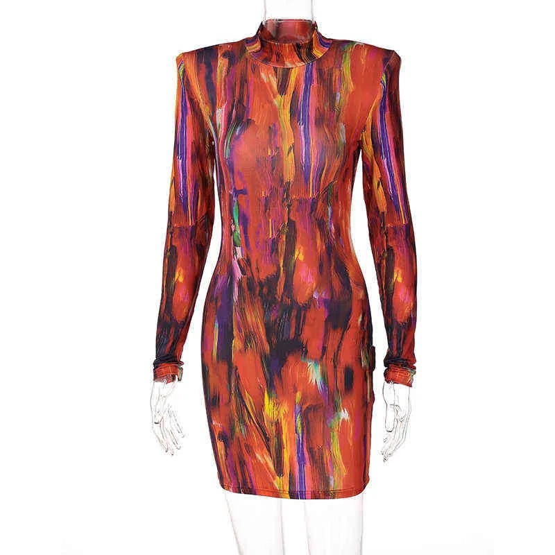 Hugcitar Tie Dye Print lange mouw met schouderpads Turtleneck mini-jurk 2021 zomer val bodycon sexy party club elegante y2k y1204