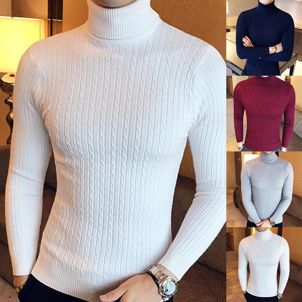 Diseño Casual hombres suéteres de invierno Color sólido cuello tortuga manga larga punto torcido suéter delgado para hombre Jersey de punto