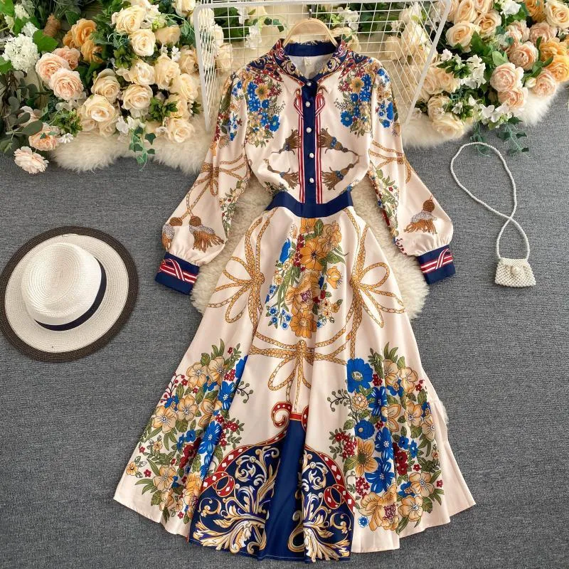Kvinnor Vintage Print Dress Autumn Stand Collar Button Långärmad A-Line Dress Korean Fashion Streetwear Midi Long Dress 210419