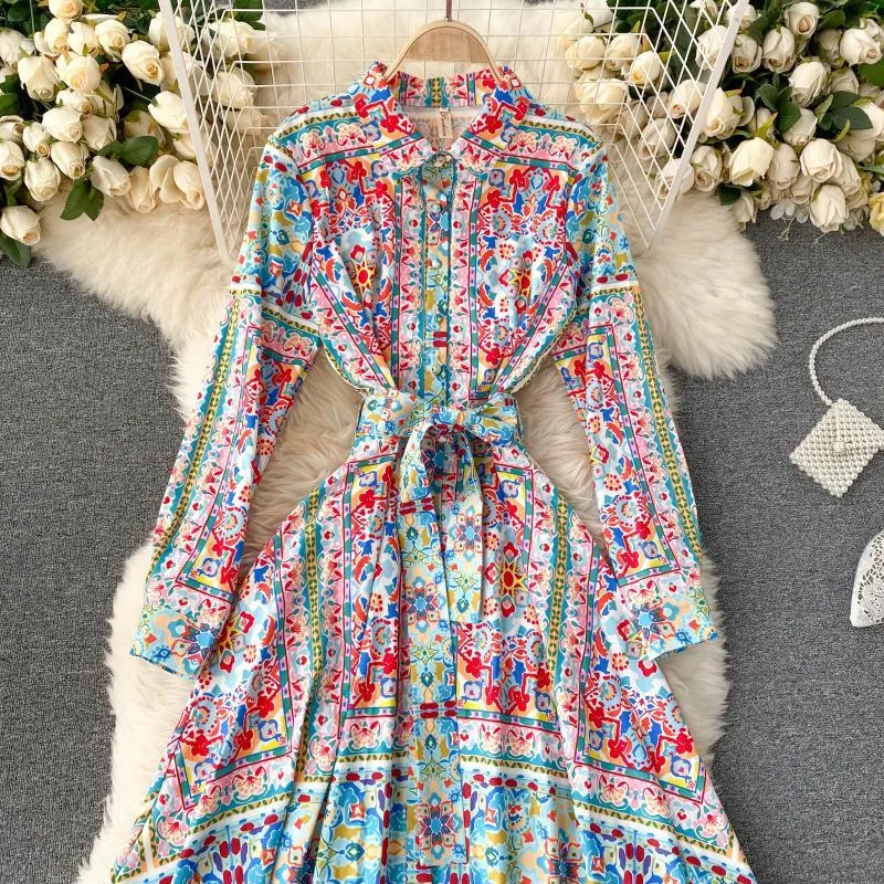 Design Print Maxi Dress Women Stand Collar Long Sleeve Single Breasted Dresses Autumn Bohemian A-line Holiday Long Robe 210419