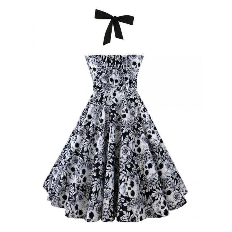 JOYNESS Sommer Vintage Retro 50er 60er Jahre Totenkopf Rose Blumenmuster Rockabilly Skater Pin Up Swing Flare Kleid Plus Größe 4XL 5XL 210608