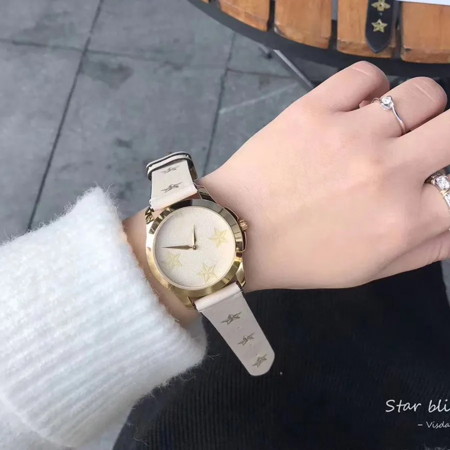 Модные брендовые часы для женщин Леди Девушка Пятиконечная звезда в стиле пчелы Кожаный ремешок Кварцевые наручные часы G78288h