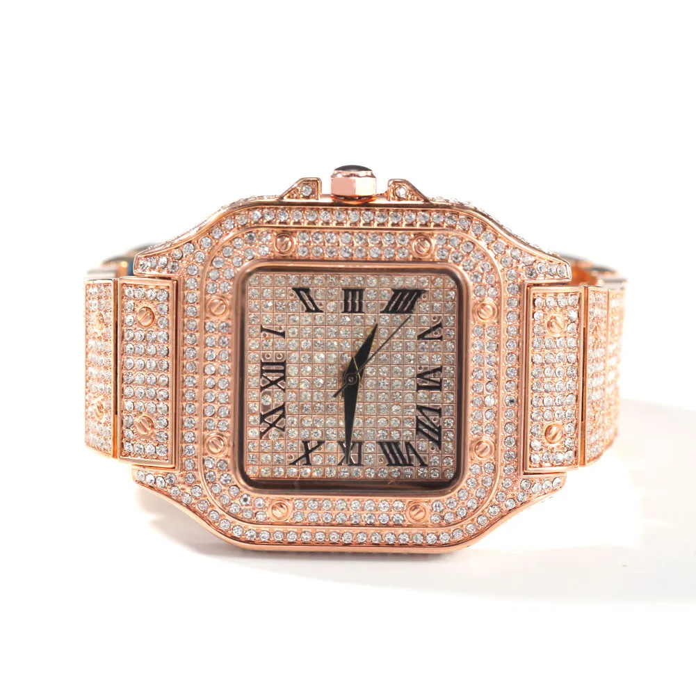 Hip Hop Roman Skala Quartz Watch Mode Full Diamond Square Dial's Watch Fashion Gold Uhren Jewellerys306i