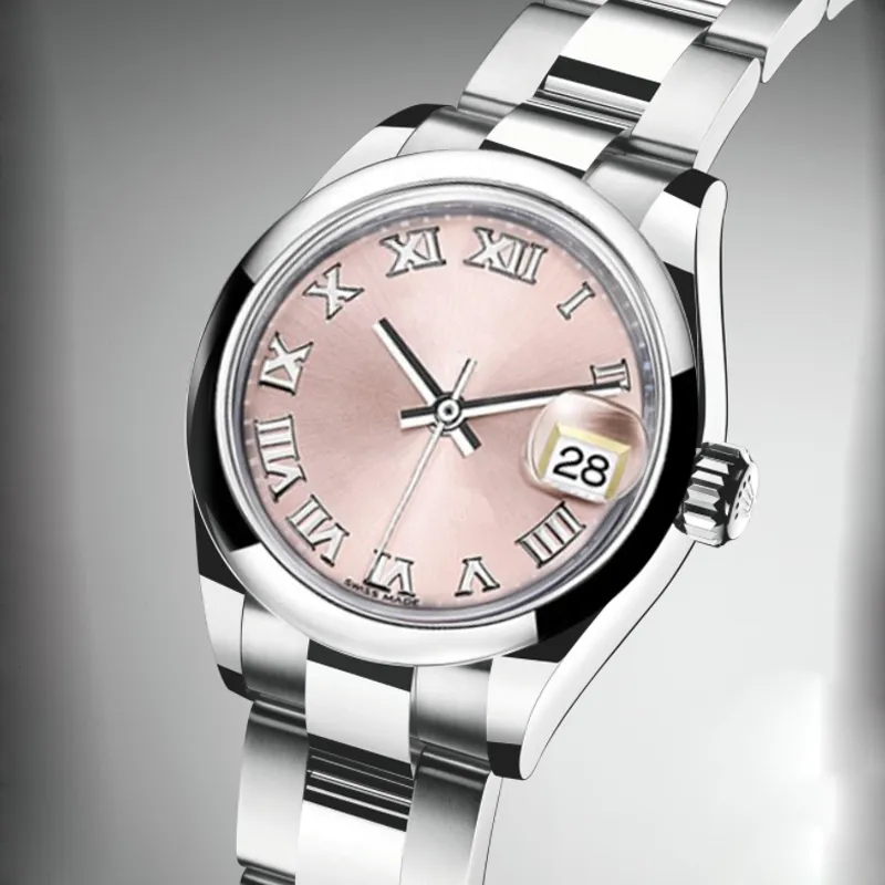 クラシック28mmピンクの女性の時計自動機械的ステンレス鋼ストラップファッションレディースウォッチローマ数字時計ギフト3257