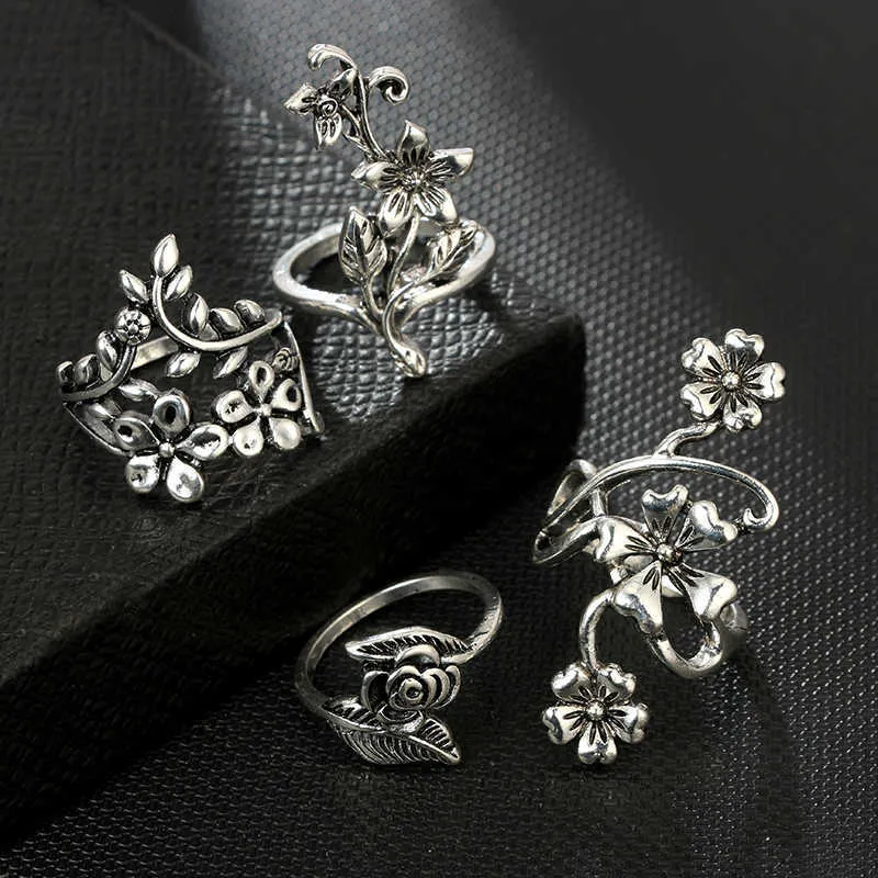 Tocona Antique Silver Color Vintage Bohemia Ring Set Rose Flower s for Women Charm Floral Knuckle 6047