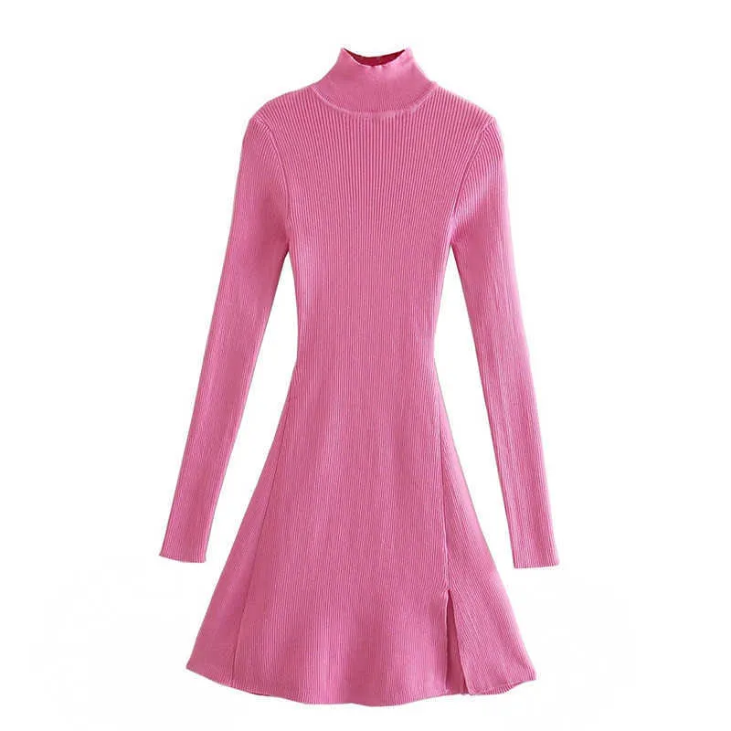 Za Pink Knit Dress Women Elegant Turtleneck Long Sleeve Mini Spring Dresses Woman Fashion Front Slit Vintage Sweater Dress 210602