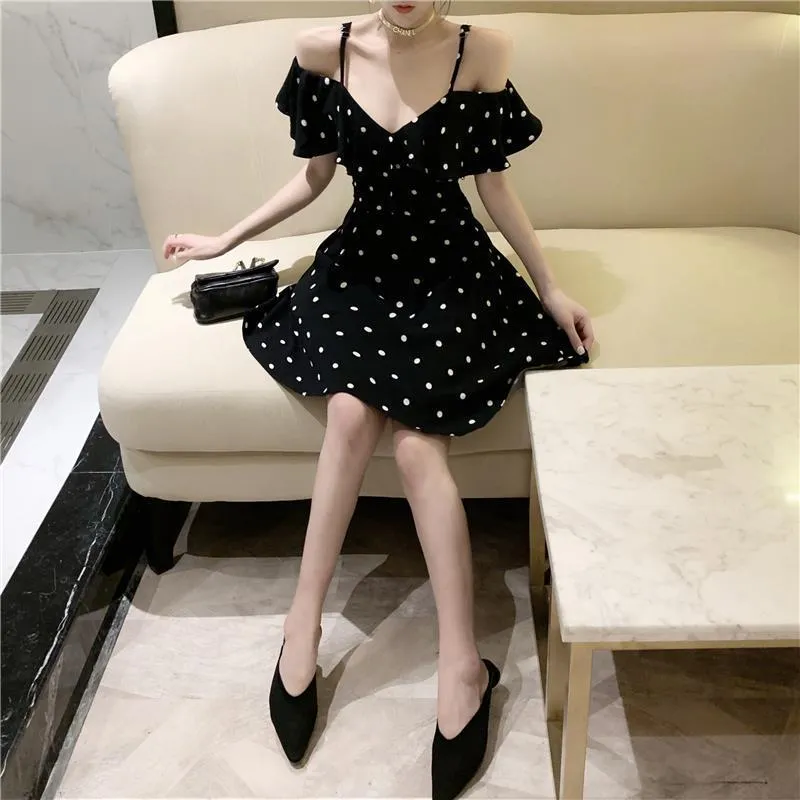 Polka Dot Off spalla Abiti sexy Ruffles Vita alta Abito donna Vintage Estate Mini abiti Chic 15875 210415