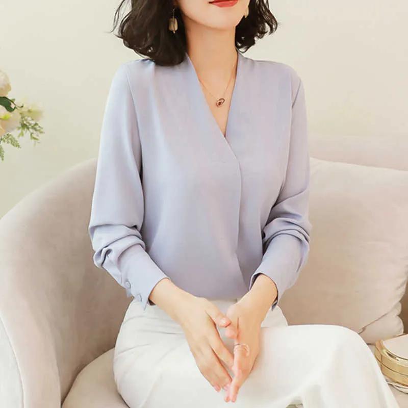 Koreansk mode Chiffon Blouse Shirt Elegant Kvinnor Långärmad Blusar Kvinna V-Neck Vit Ol Plus Storlek Blusas Mujer de MODA 210531