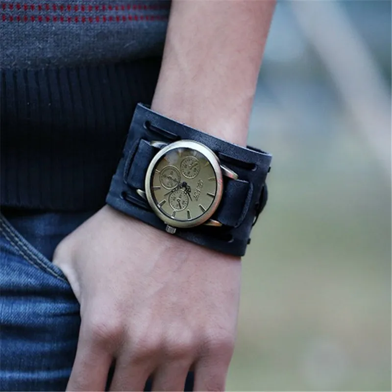 black brown Punk Antique Bronze Round Black Brown Wide Leather Belt Strap Bracelet Roman Wrist Watches Bangles