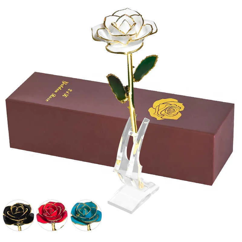 24 Karat Gold getauchte Rosenblume, künstliche Blumen, ewige Rose mit Ständer, für immer Liebe, in Box, Geburtstag, Valentinstag, Geschenk für Mädchen 210624