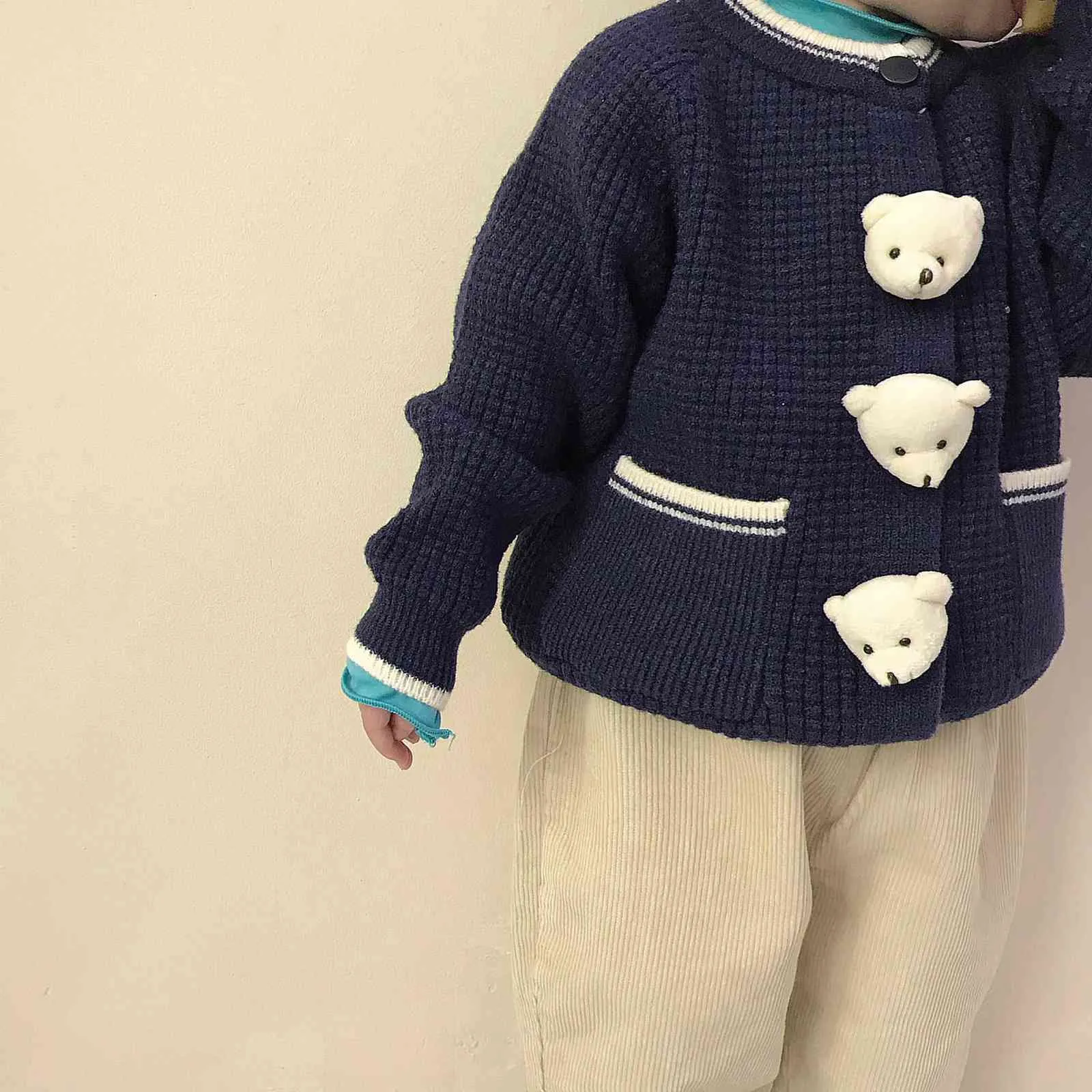 Herbst Mode Bär Pullover Für Baby Mädchen Strickjacke Kinder Jacke Baumwolle Kinder Gestrickte Mantel Casual Jungen Jacke 211106