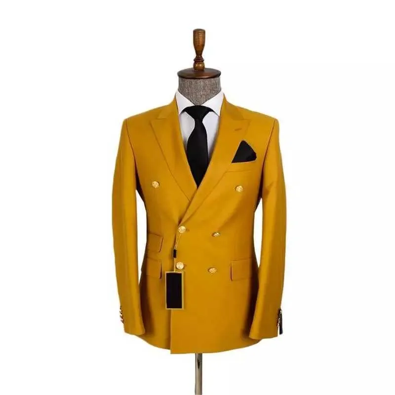 2021 Ultimi Giallo Doppio Petto Abiti da Uomo Costume Homme Matrimonio Prom Terno Masculino Slim Fit Sposo Giacca 2 Pezzi Giacca + Pant X0909