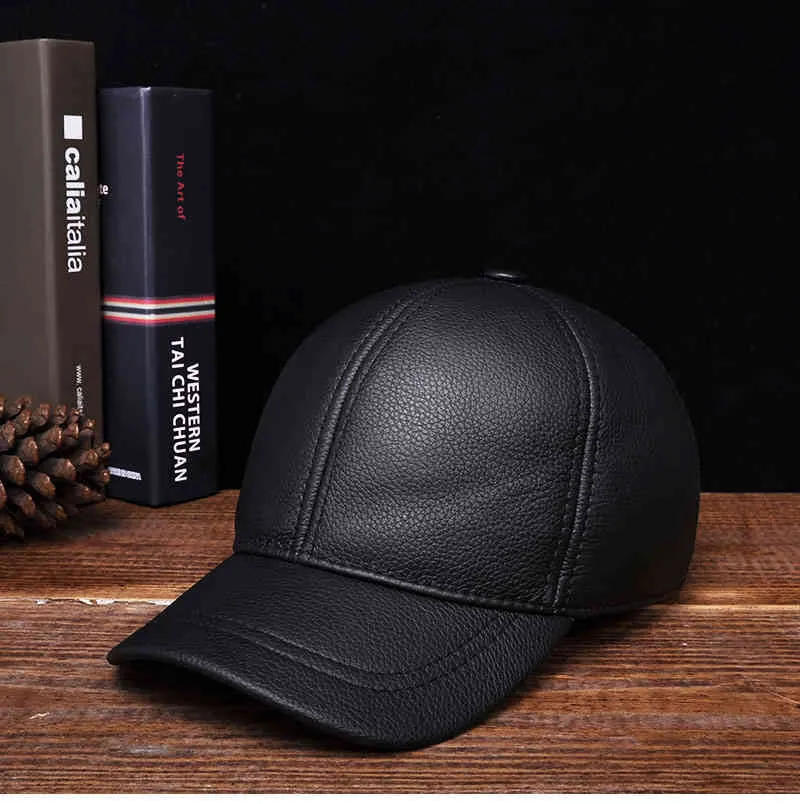 2021 Mäns Äkta Läder Baseball Cap Hat Vår Märke Stil Vinter Ryska Varma One Fur Caps Hats