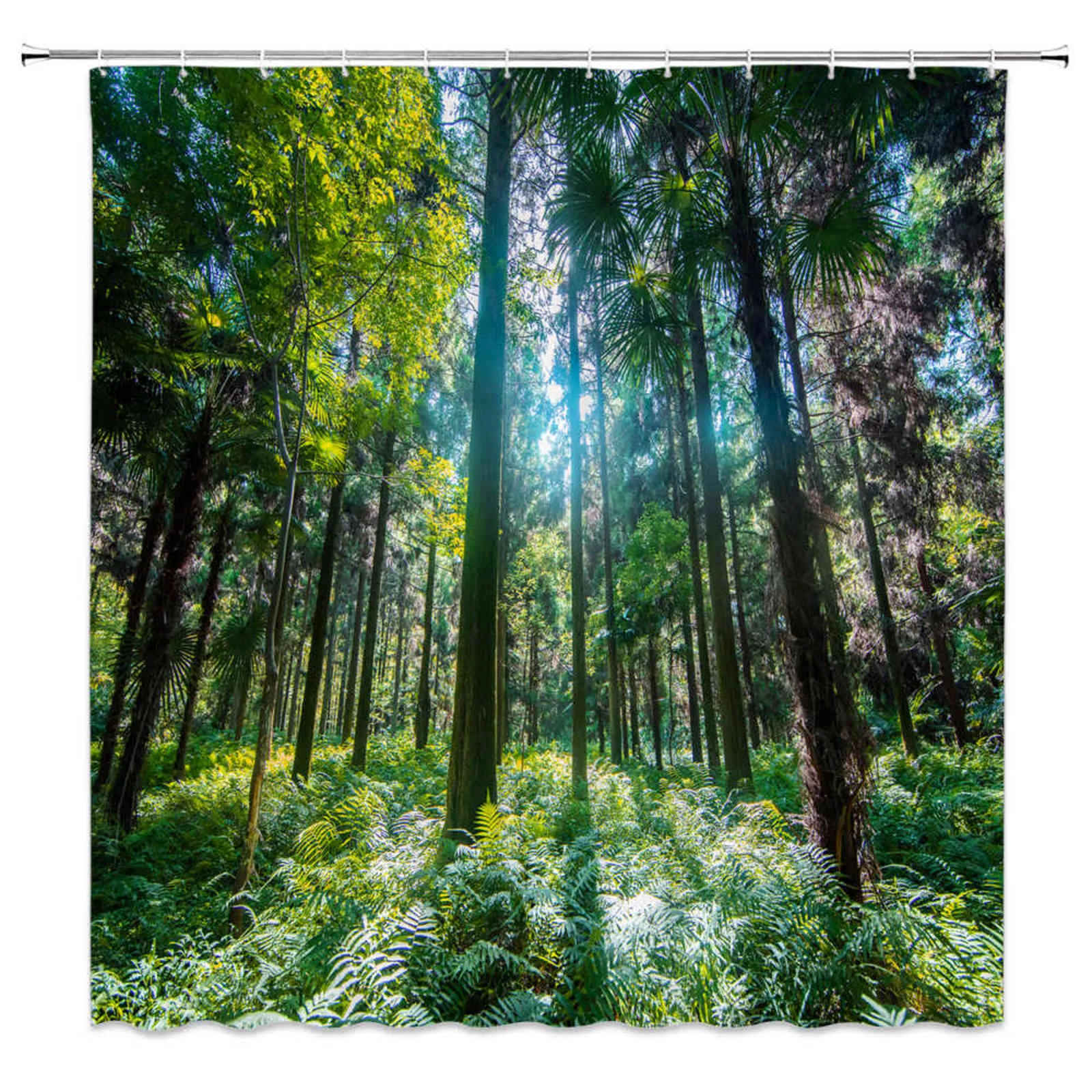 自然な風景シャワーカーテン緑の木の花植物の風景パターン春夏のバスルームの装飾ポリエステル布カーテン211116