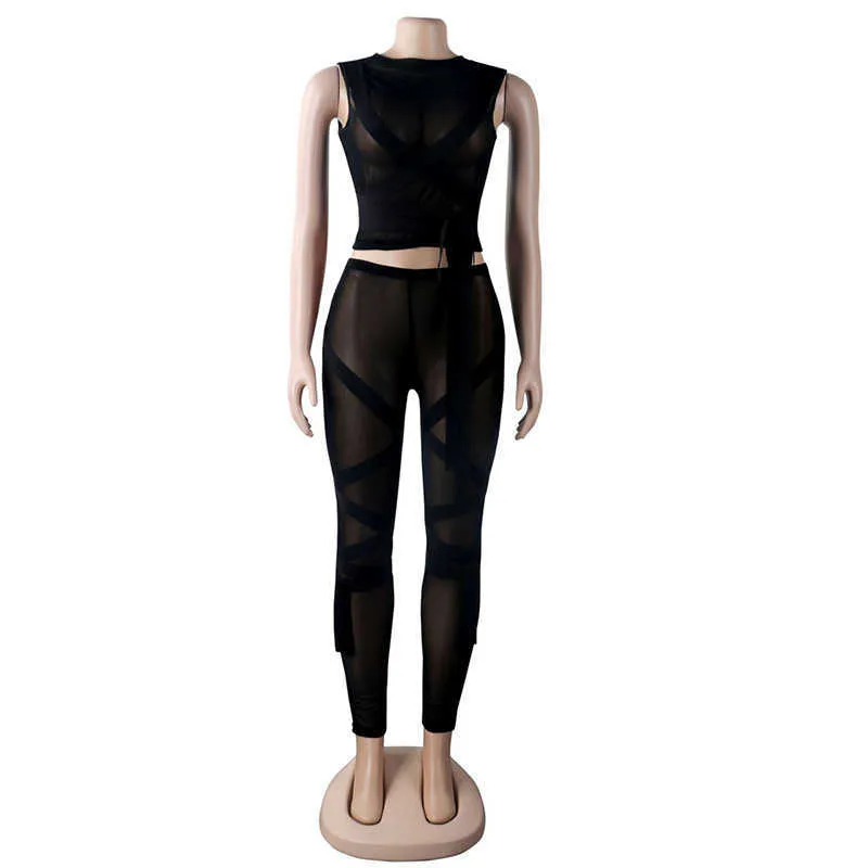 Beyprern New Chic Durchsichtiges Mesh-Hosen-Set mit Käfig, zweiteilige Outfits für Damen, durchsichtiges Mesh-Fransen-Crop-Top und Leggings-Set, Clubwear Y0625