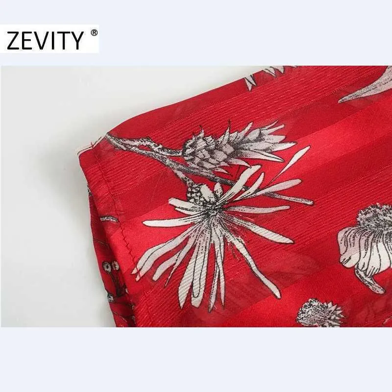 Zevity Womenファッション花柄レッドブラウスオフィスレディー長袖弓縛らカジュアルシャツシックなシックスルーズBlusas TOPS LS7293 210603