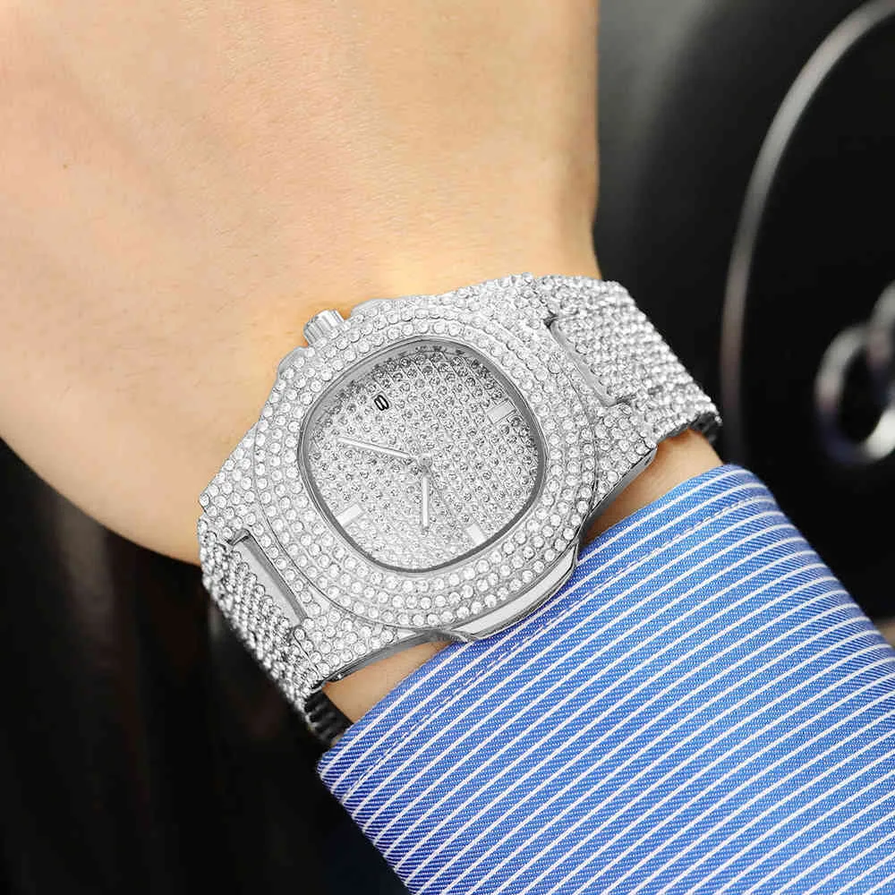 Moda iced out relógio masculino diamante aço hip hop relógios masculinos marca superior luxo relógio de ouro reloj hombre relogio masculino 210407319t
