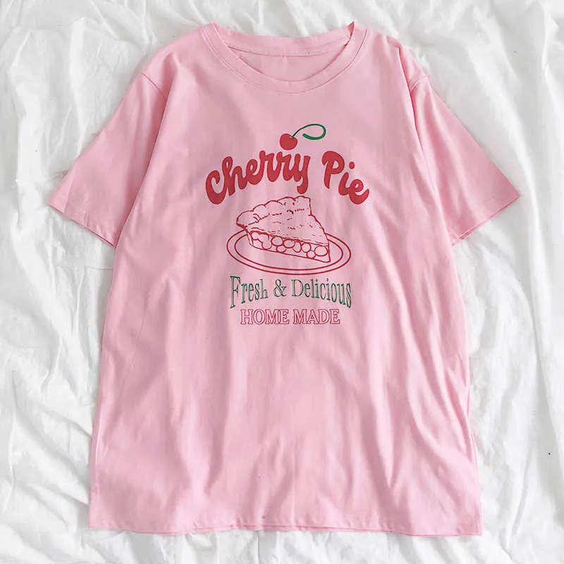 Cherry Bolo Pink Girly Engraçado Carta Impressão Redondo Pescoço Loose Confortável Confortável All-Match Manga Curta T-shirt Y0621