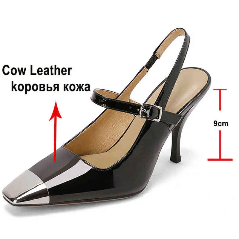 Women's Leather Buckle High Heels Square Pointed Thin Beige Spring 2 9