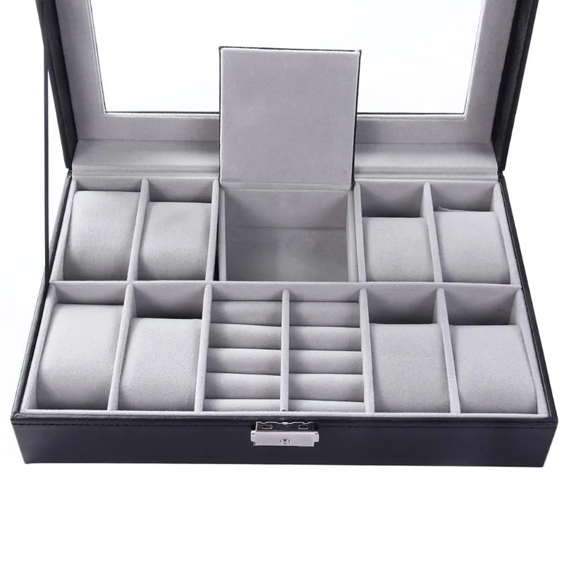 Boîtes de montre cas grilles mixtes boîte en cuir PU bijoux conteneur de stockage anneau bracelet organisateur affichage cercueil Caja De Reloj266r