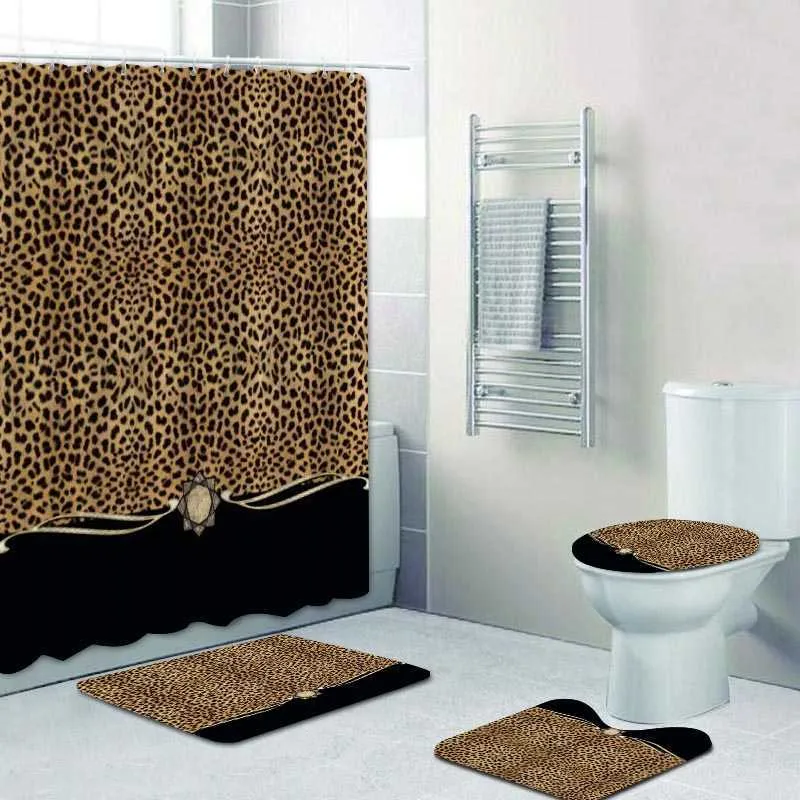 Girly Pink Ribbon Leopard Print Shower Curtain Set Modern Cheetah Bath Curtains for Bathroom Home Decor 210915