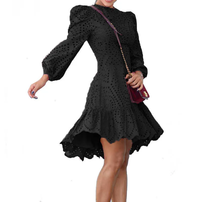 Outono mulheres babados vestido elegante sólido oco out o-pescoço sopro manga longa mini moda magro irregular hem preto es 210526