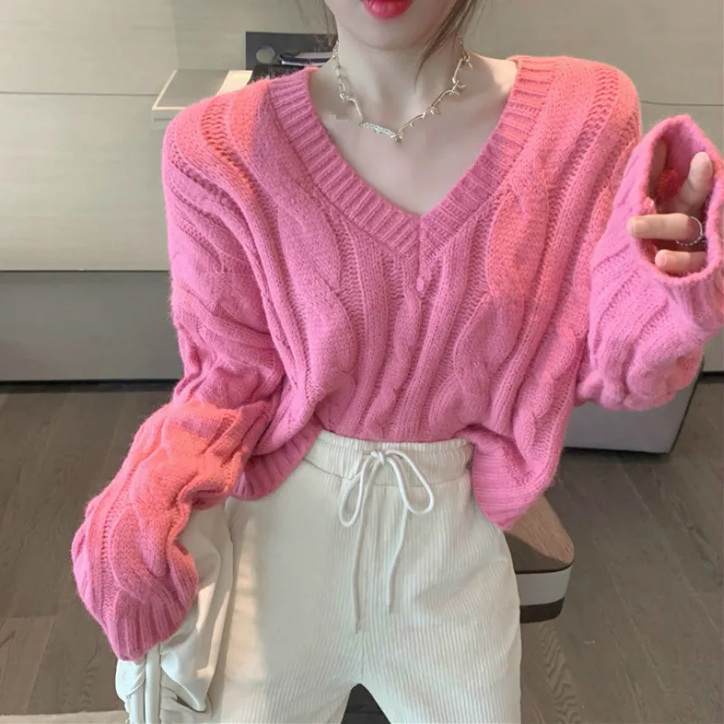 Ezgaga rosa tröja kvinnor mode lösa all-match höst v-hals långärmad soldiga damer pullover elegant kontor dam toppar 210430