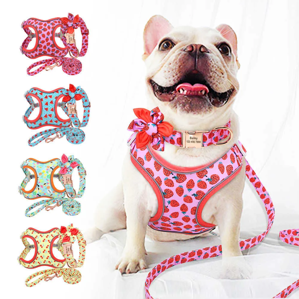 Conjunto de correa de Collar de perro con estampado personalizado, arneses de Collar de perro mascota personalizados, correa para caminar para perros medianos y grandes, Bulldog Francés 211006