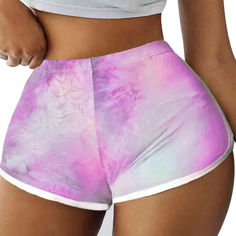 Women Shorts Brand Stretch High Waist Tie Dye Print Bicycle Skinny Slim Running Gym Trousers Sexy Lady Clothing 210522
